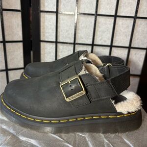 Dr. Martens Black Mules with Gold Buckle